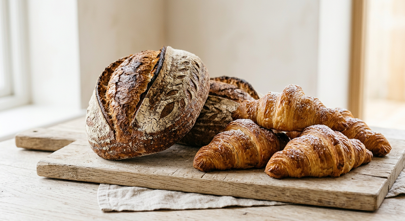 Roti sourdough dan croissant di atas papan kayu