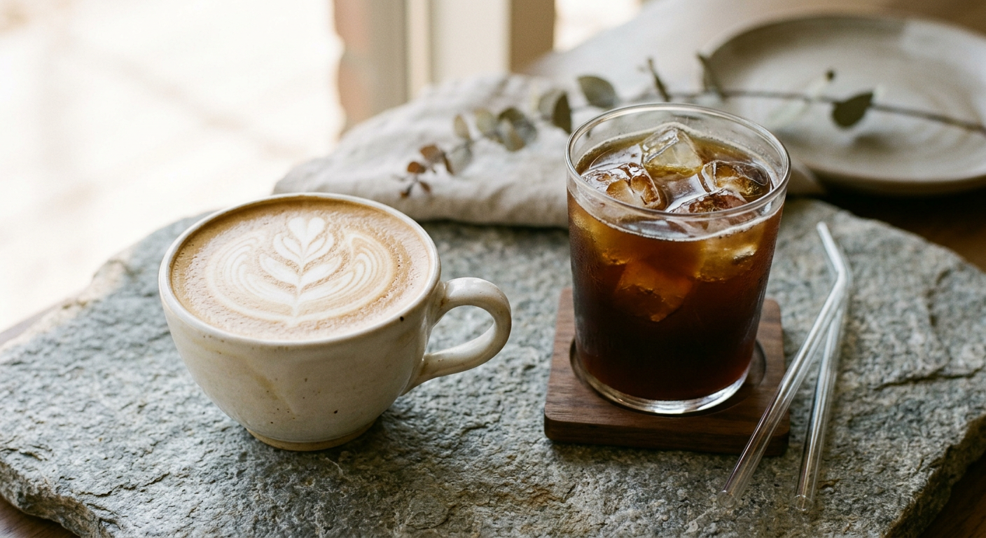 Latte dengan latte art dan kopi pour over dingin