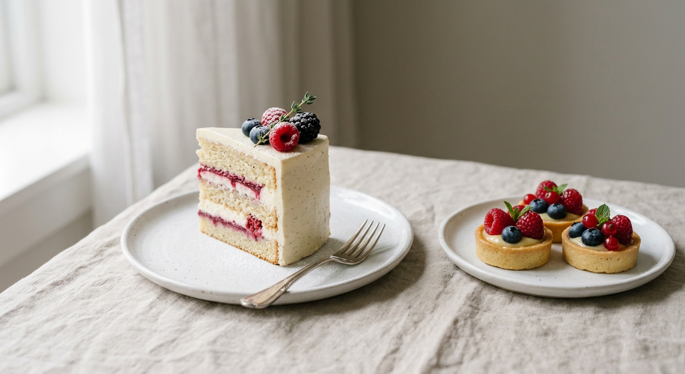 Potongan kue berlapis dan tart buah