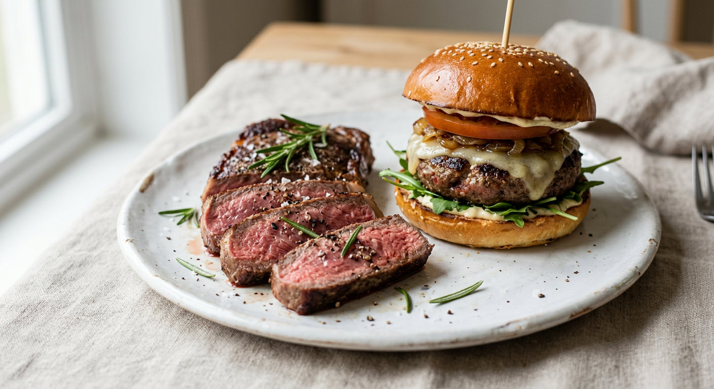 Steak sapi iris dan burger di atas piring keramik putih